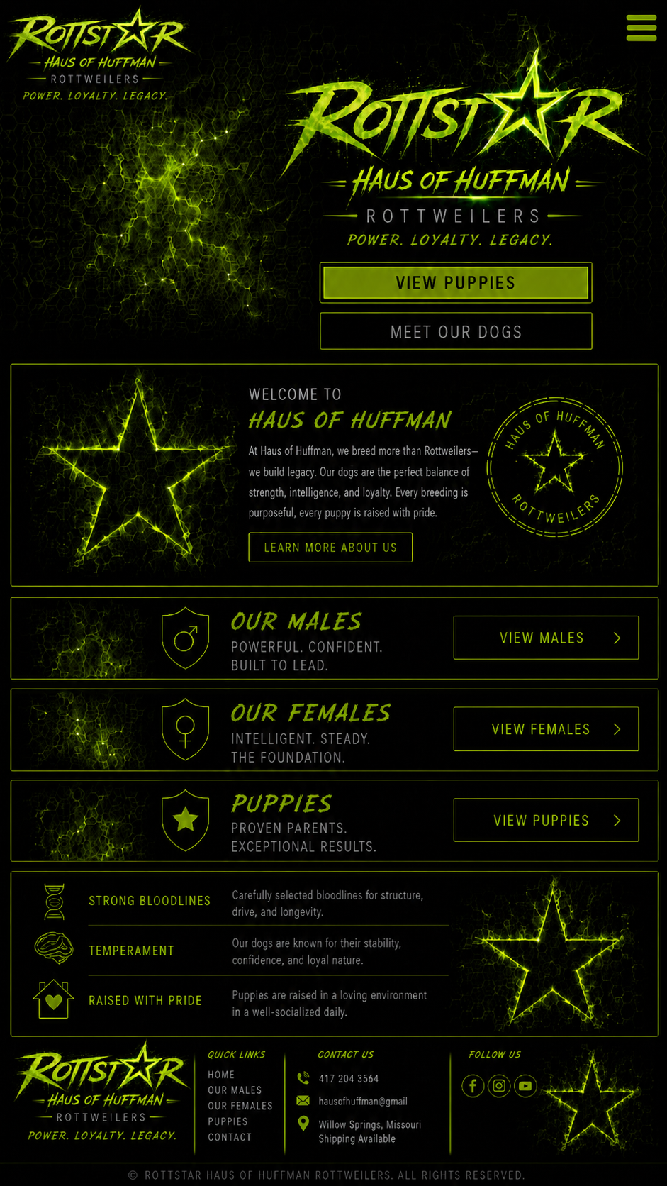 Rottstar Haus of Huffman Rottweilers homepage featuring puppies, males, females, strong bloodlines, temperament, and contact information.